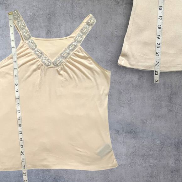 Tank Top Large Cream with Sequin Embellished V Neckline Work To Weekend Shirt - Picture 5 of 9